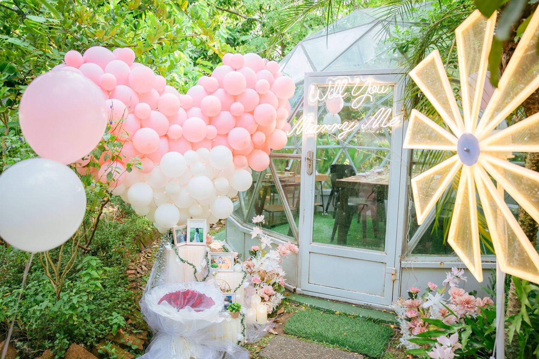 Pink balloon heart with Marry Me lights