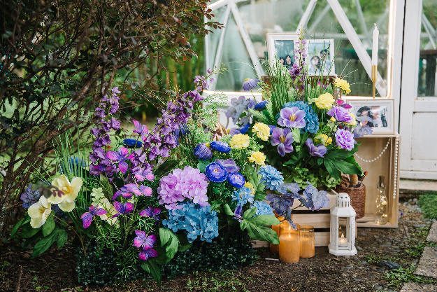 Garden dome with blue and purple hydrangeas