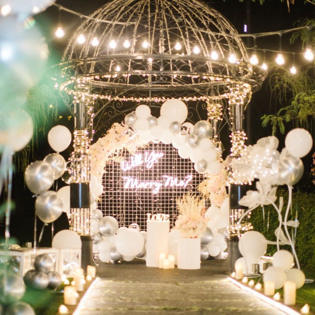 White balloon gazebo with fairy lights at The Summerhouse